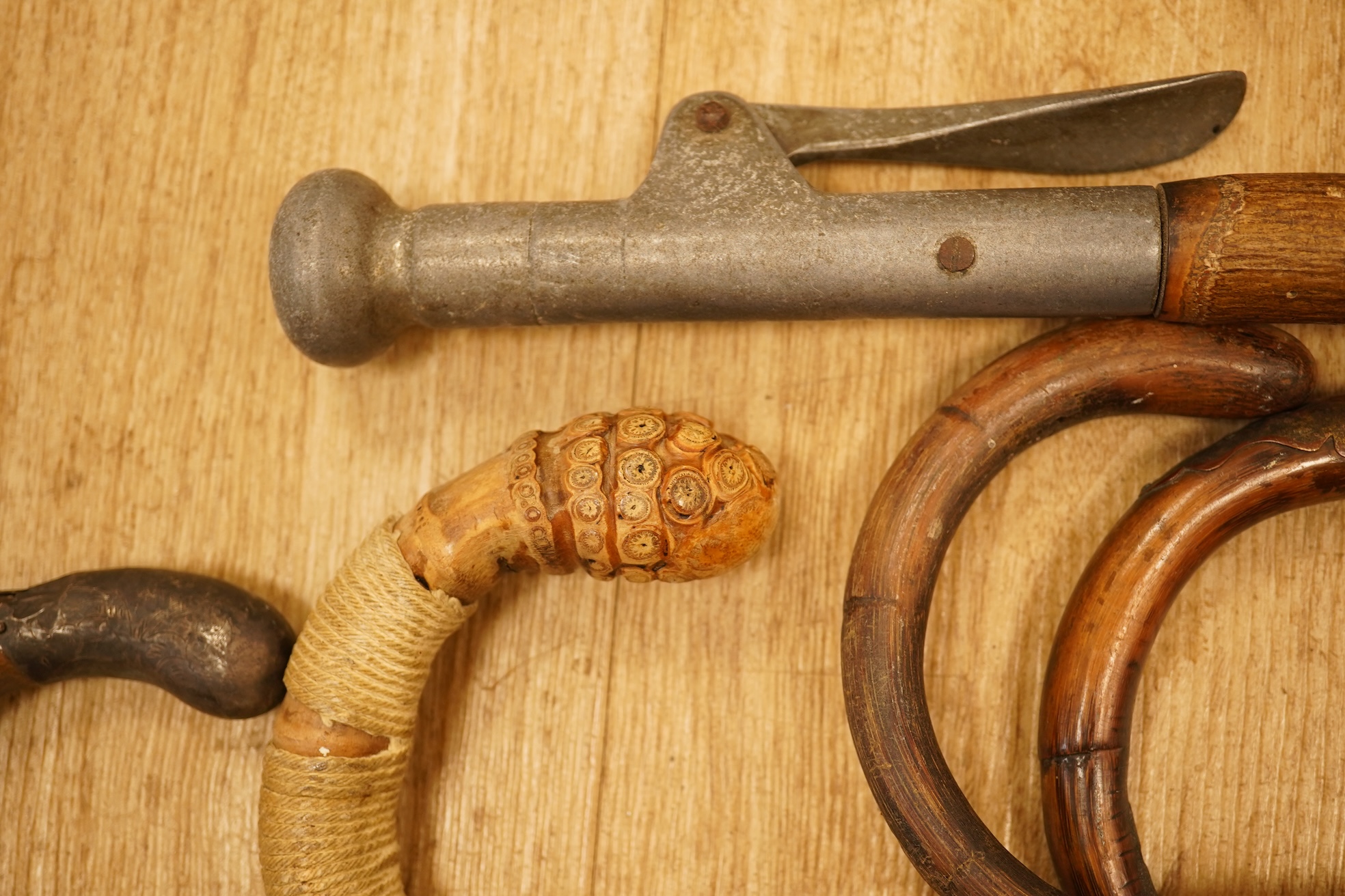 A collection of eleven carved walking sticks, some silver mounted